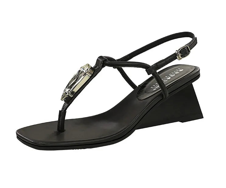 Wedge Heel with Herringbone Sandals Women's Rhinestone Thin Strap Toe Women's High Heels