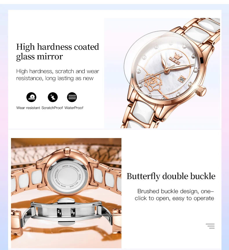 OLEVS 3606 Luxury Women Watch Camellia Quartz Japan Movement 30M Waterproof Watch For Women Ceramics Women Mechanical Watch