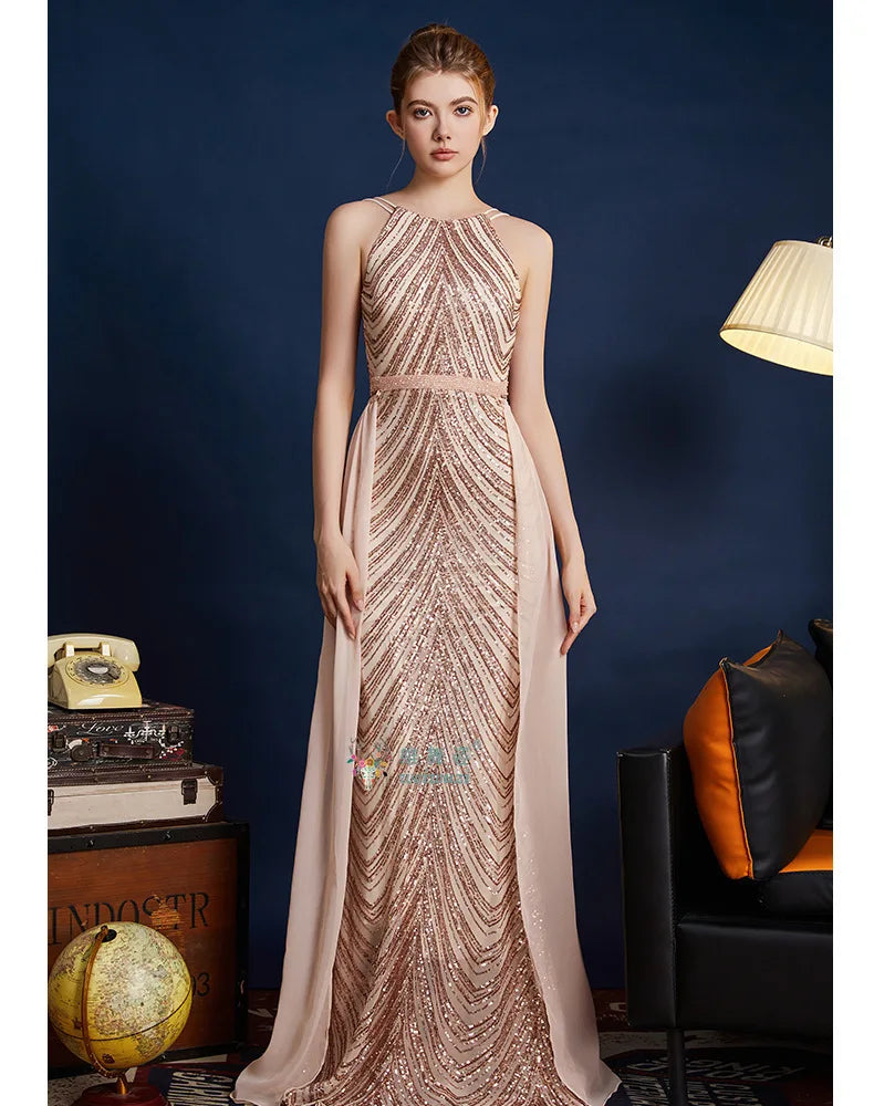 Chic High Sleeveless Sexy Backless Beading Sequined Mermaid Formal Evening Dresses Birthday Party Prom Gowns Elegant Luxury
