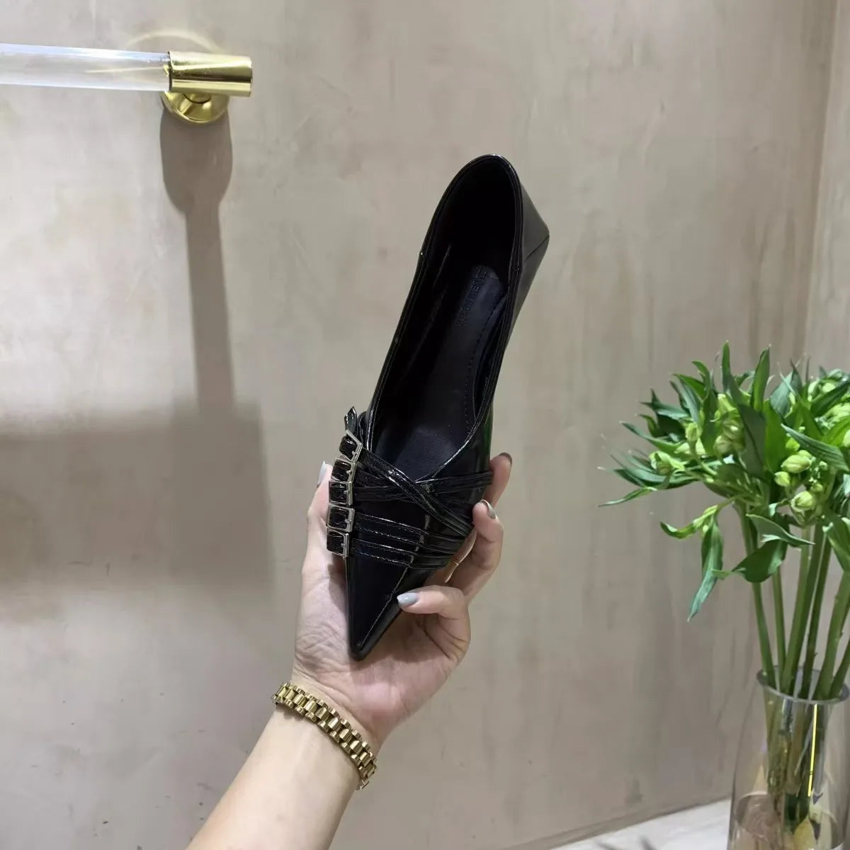 Thin Heeled Square Buckle High Heels for Women 2025 New French Style Shallow Mouth Low Heel Small Leather Shoes