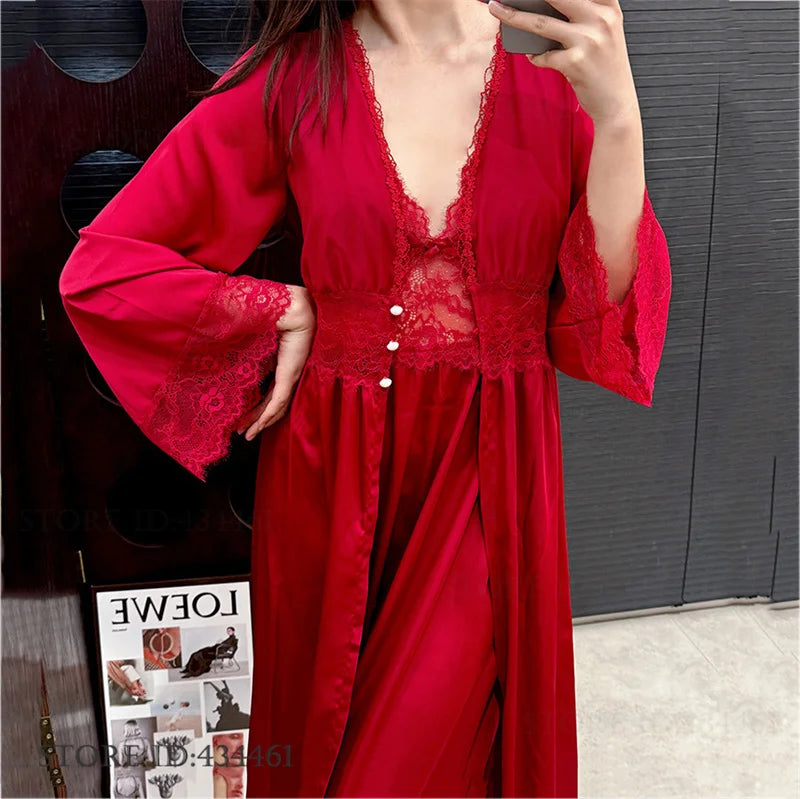 Burgundy Satin Long 2PCS Robe Nightgown Set Spring Summer Women Sleepwear Bathrobe Sexy Lace Nightgown Loose Homewear Loungewear