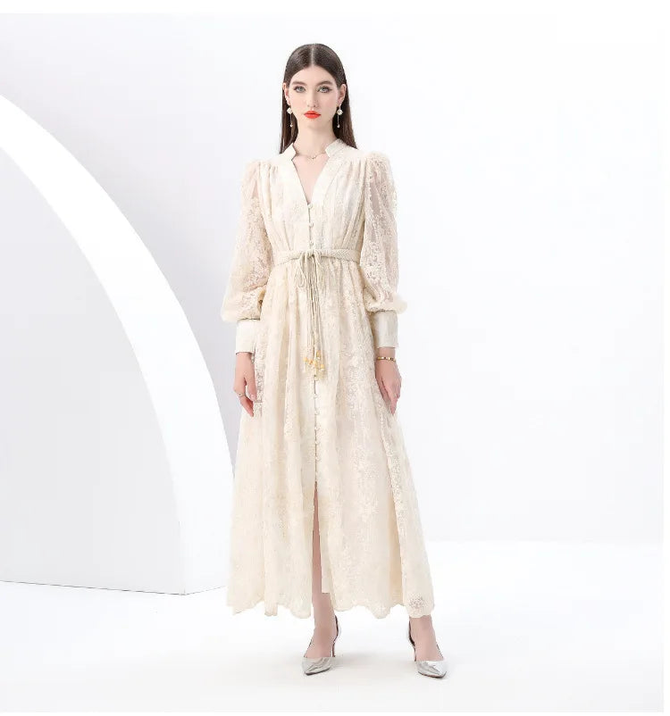 Luxury High-end Women Clothing Dress Spring Fitted Waist Embroidery V-neck Bell Sleeves Long Sleeves Single-breasted Long Dress