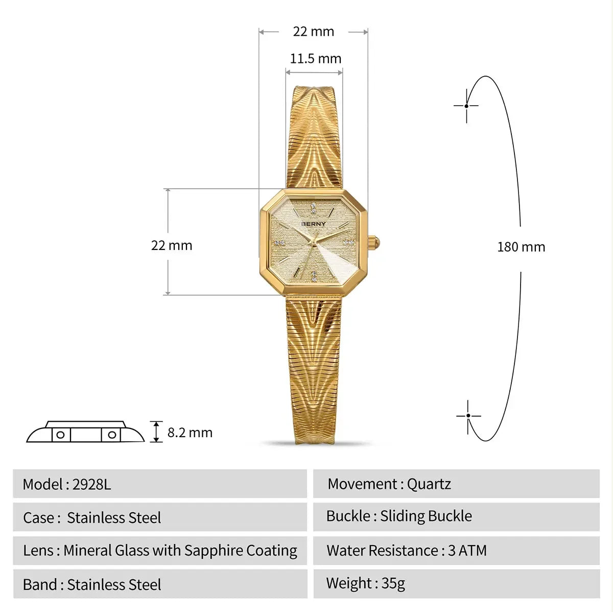 BERNY Gold Watch for Women Grit Dial Octagonal Ladies Quartz Wristwatch Stainless Steel Women Small Golden Watch Luxury Watches