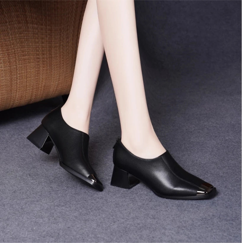 Deep mouth single shoe women's thick heel genuine leather middle heel women's soft leather soft sole square toe leather shoes