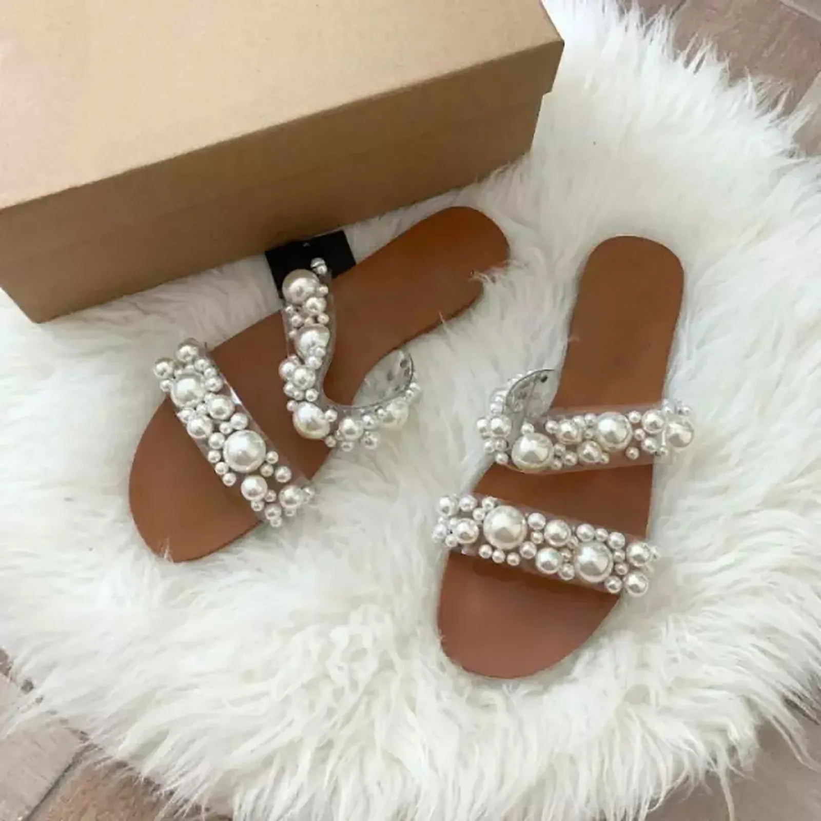 Bohemian Style Women's Pearl Open-Toe Flat Sandals Crystal Flip-Flops Summer New 2025 Transparent Flat Sandals