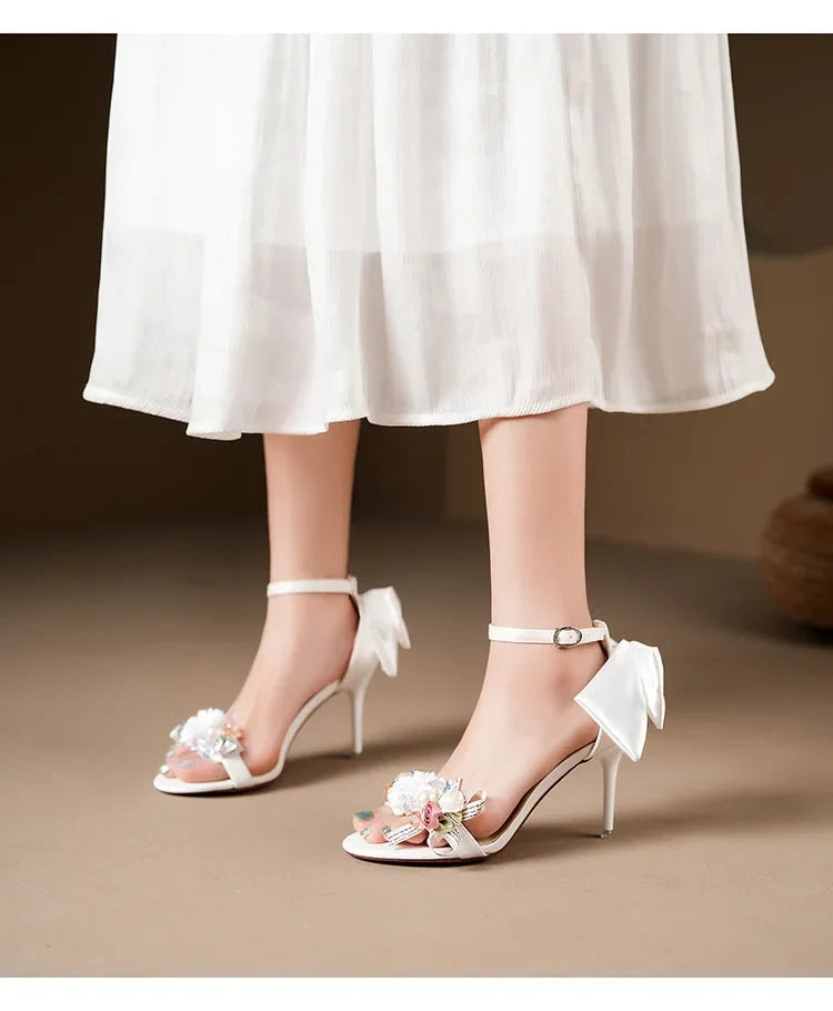 Summer Fashion Shoes Woman Pumps Open Toe Satin Flower Bow Buckle High Heels Ladies Sandals Women's Dress Wedding Party Shoes