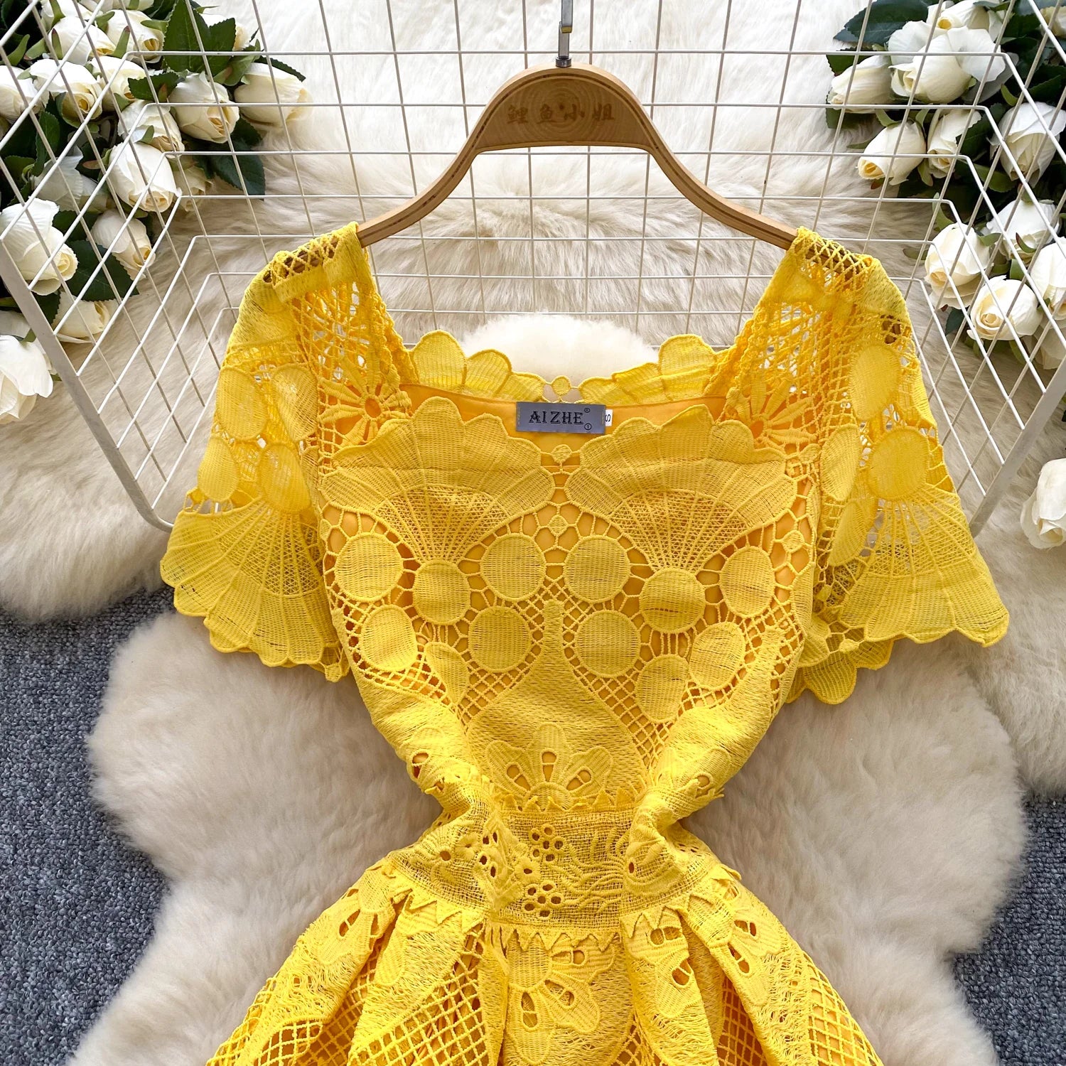 France Elegant Fashion Slim Evening Dress Women Hollow Out Lace Crochet Party Dress Female Casual Chic High End Clothing New