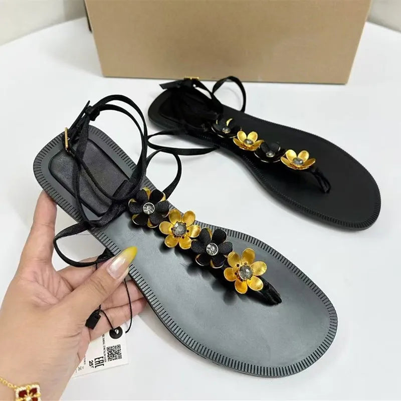 Luxury Crystal Flowers Decor Women Flats Sandals Sexy Ankle Strap Summer Beach Slides Fashion Streetwear Modern Sandals Shoes
