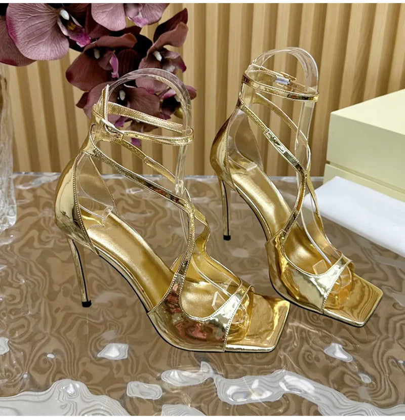 Fashion Patent Leather Peep toe Women Gladiator Sandals Sexy Narrow band Ankle Strap Gold Stiletto High heels Summer Party Shoes