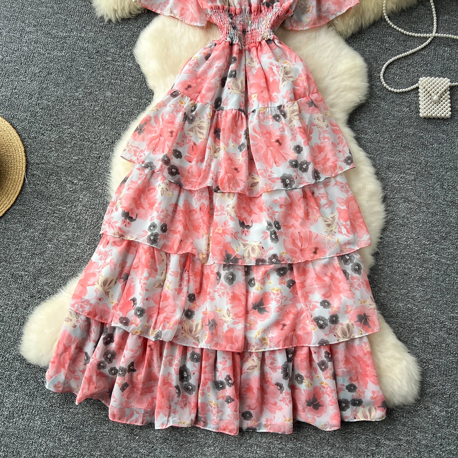 French Vintage Off Shoulder Short Sleeve Ruffle Tiered Long Dresses Chic Casual Beach Vacation Women Summer Chiffon Clothing