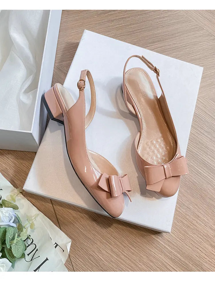 French-Style Bow Head-Toe Sandals For Women 2025 Summer New Style Chunky Heel Patent Leather High Heel Mid-Heel Sandals