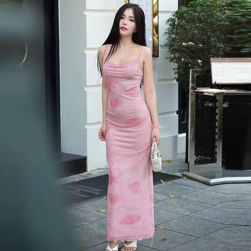 European and American Women's Fashion New Sweet and Spicy Style Off-Shoulder Mesh Printed Long Camisole Dress