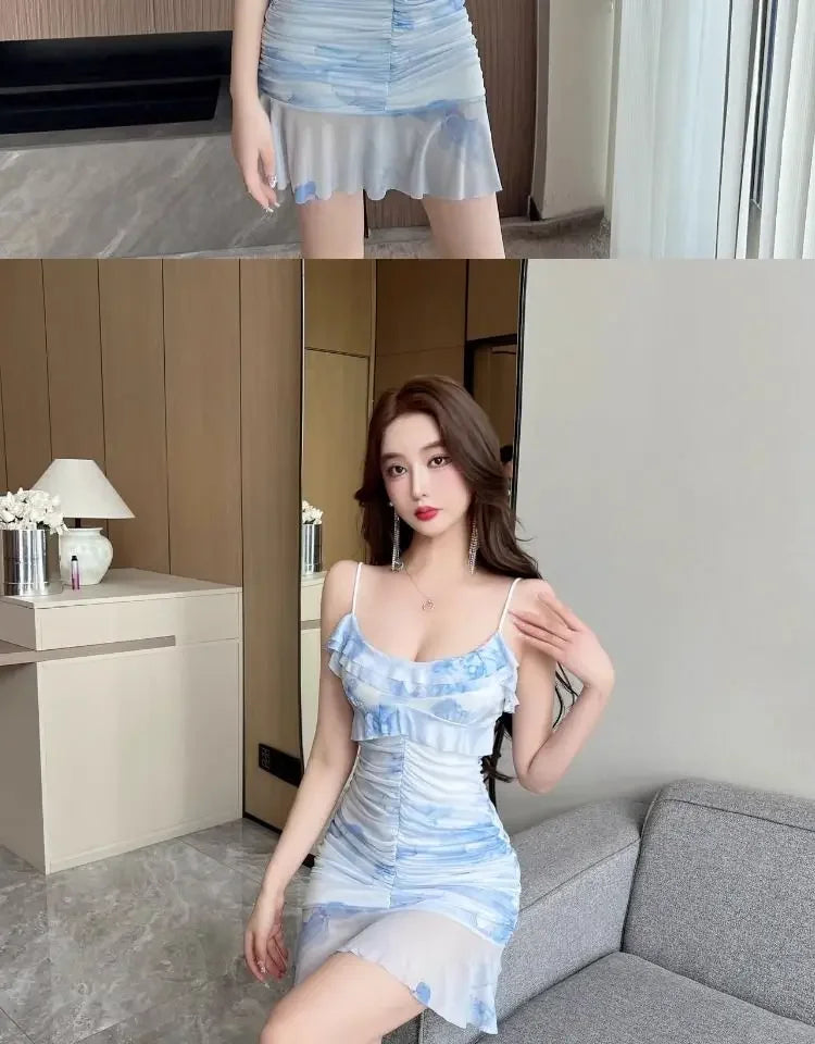 Summer French Pure Sexy Mesh Printed Suspender Dress Waist Pleated Bag
