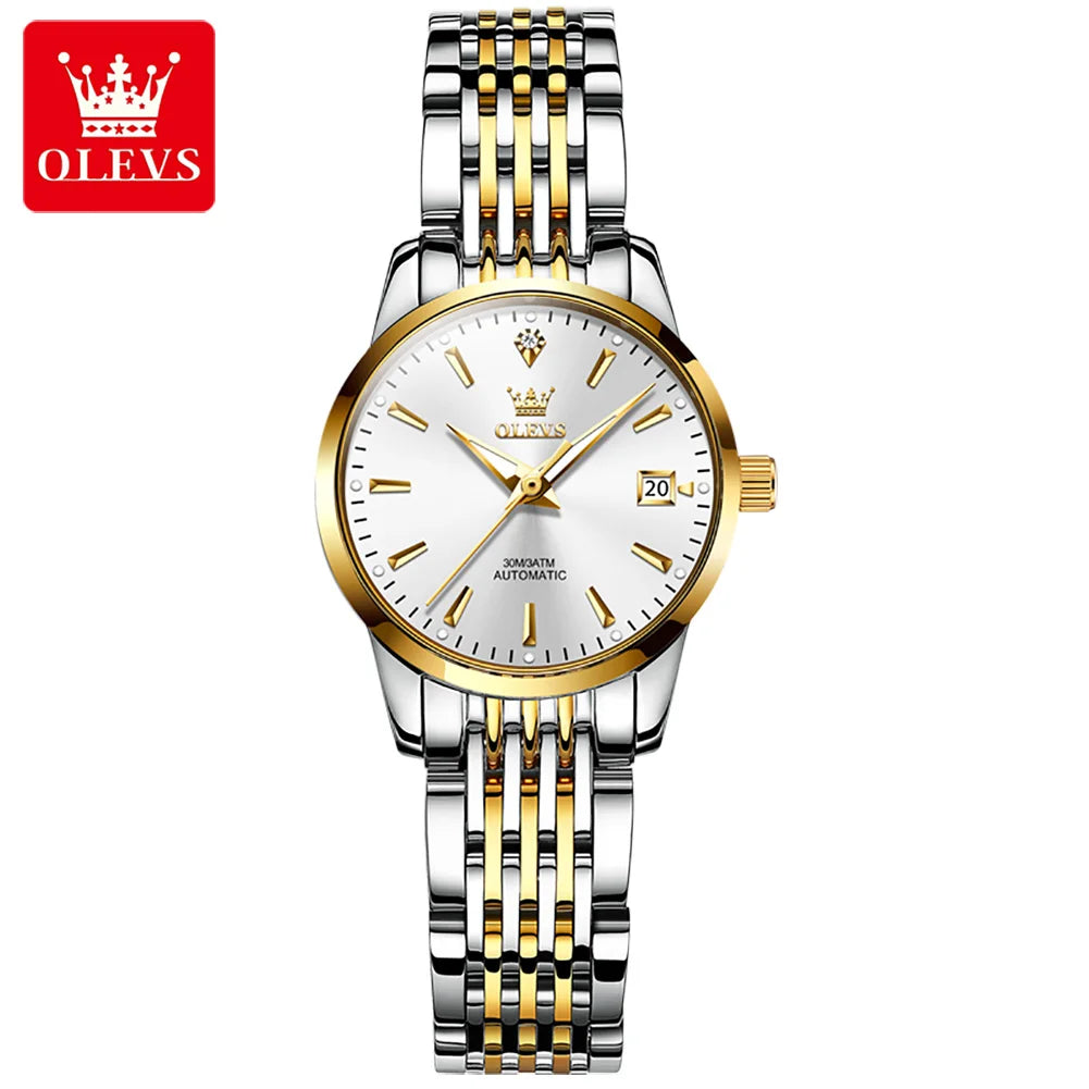OLEVS 6635 Luxury Brand Ladies Watch Automatic Mechanical Wristwatch Waterproof Stainless Steel Watch For Women Chronograph Date