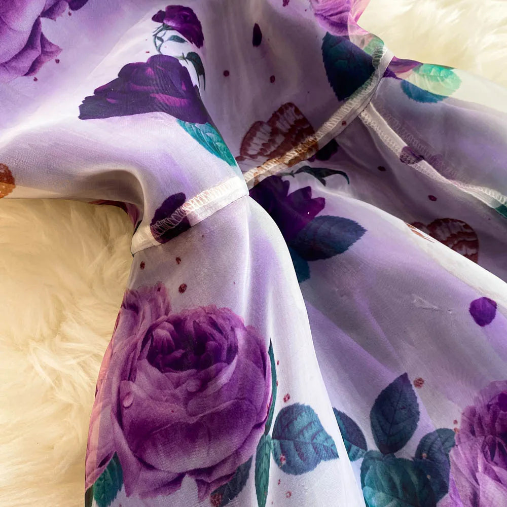 American Chic Maxi Dress for Women Floral Printed Skew Collar Sleeveless Female Dresses A-line Evening Club Vestidos Dropship