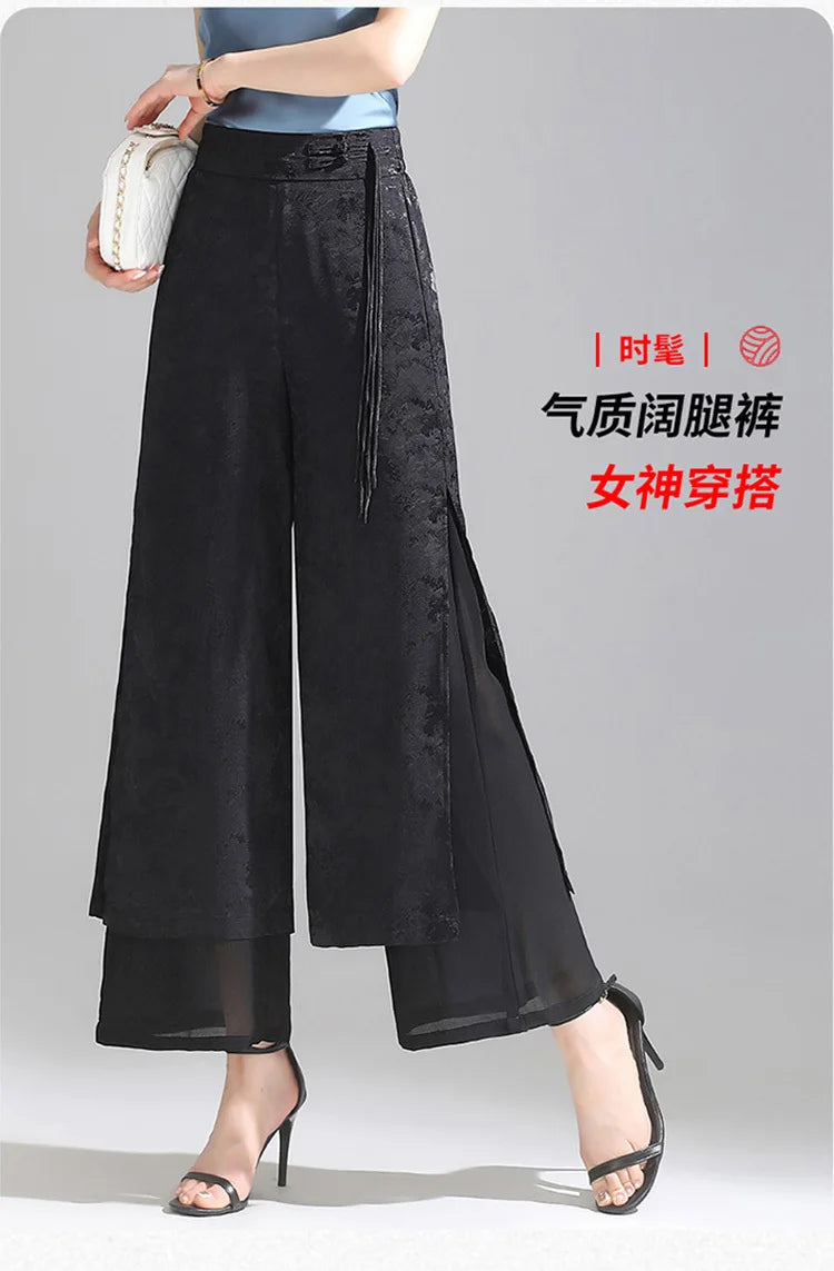 Chiffon Wide Wide Trousers Female Elegant Vintage New Pants Summer Thin Split Loose Skirt Pants Women Black Green