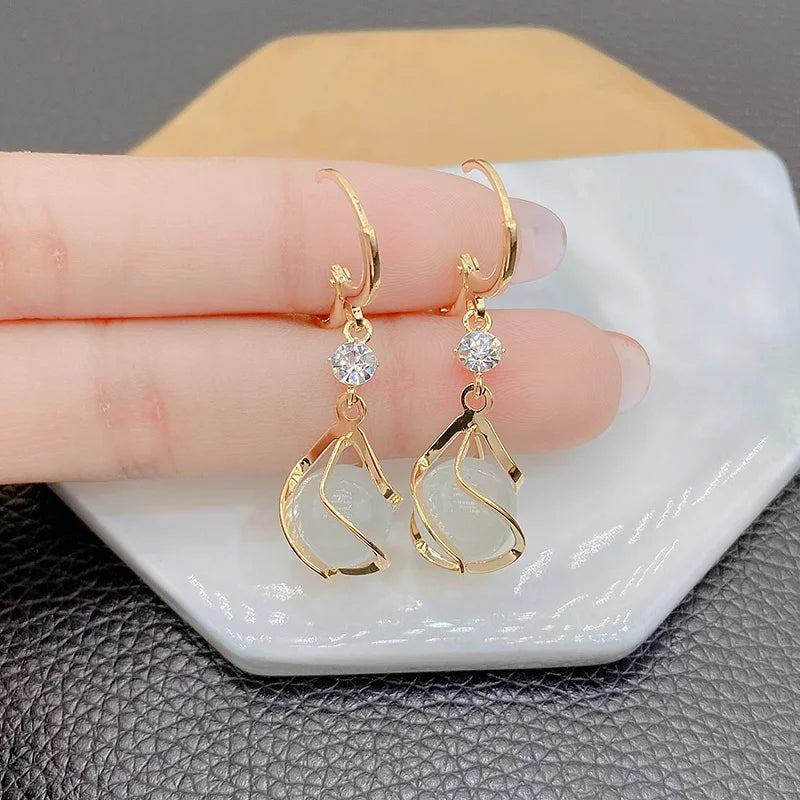 High Quality Crystal Zircon Round Opal Hollow Long Tassel Water Droplets Earrings New Women's Fashion Jewelry Romantic Girl Gift