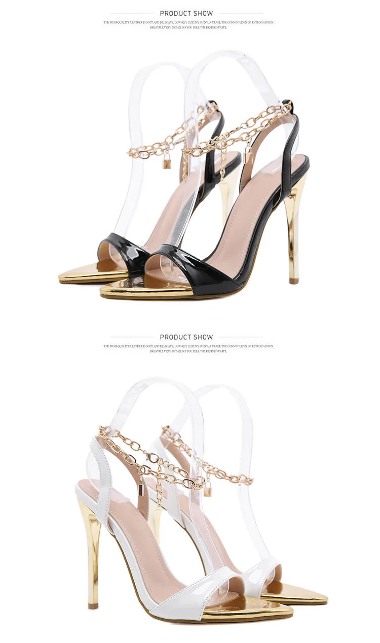 New Summer Sandals Women Fashion Gold Chain Ankle Strap Sexy Peep Toe Ladies Metal High Heels Sandals Woman Party Shoes Pumps