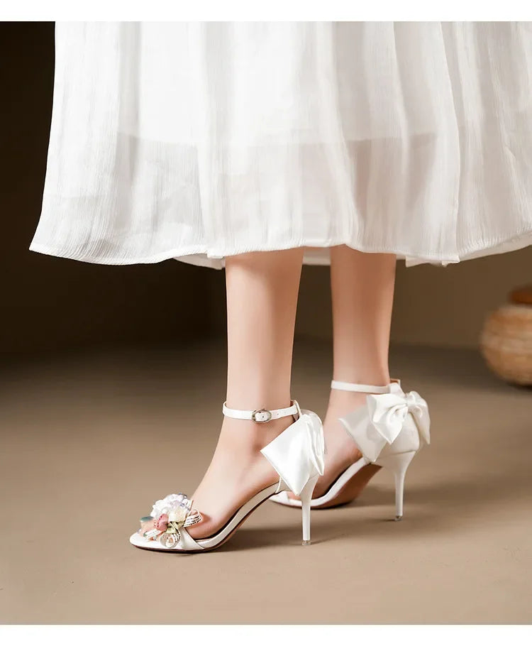 Summer Fashion Shoes Woman Pumps Open Toe Satin Flower Bow Buckle High Heels Ladies Sandals Women's Dress Wedding Party Shoes