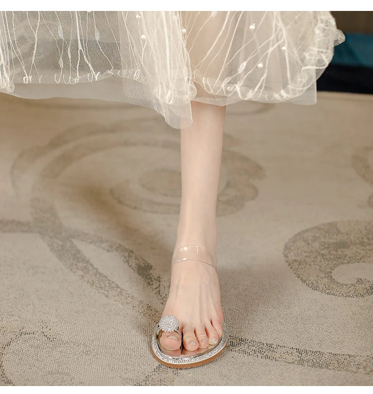 Rhinestone Fashion Sandals 2024 New Wedge Silver Sexy Women Summer Sandals Transparent Slippers