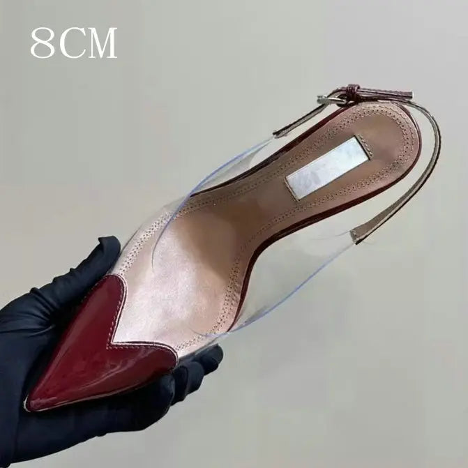 2025 New Pointy Peach Heart Fine Heel Shoes Sexy Pvc Transparent Film Black Patent Leather High Heel Overhead Sandals