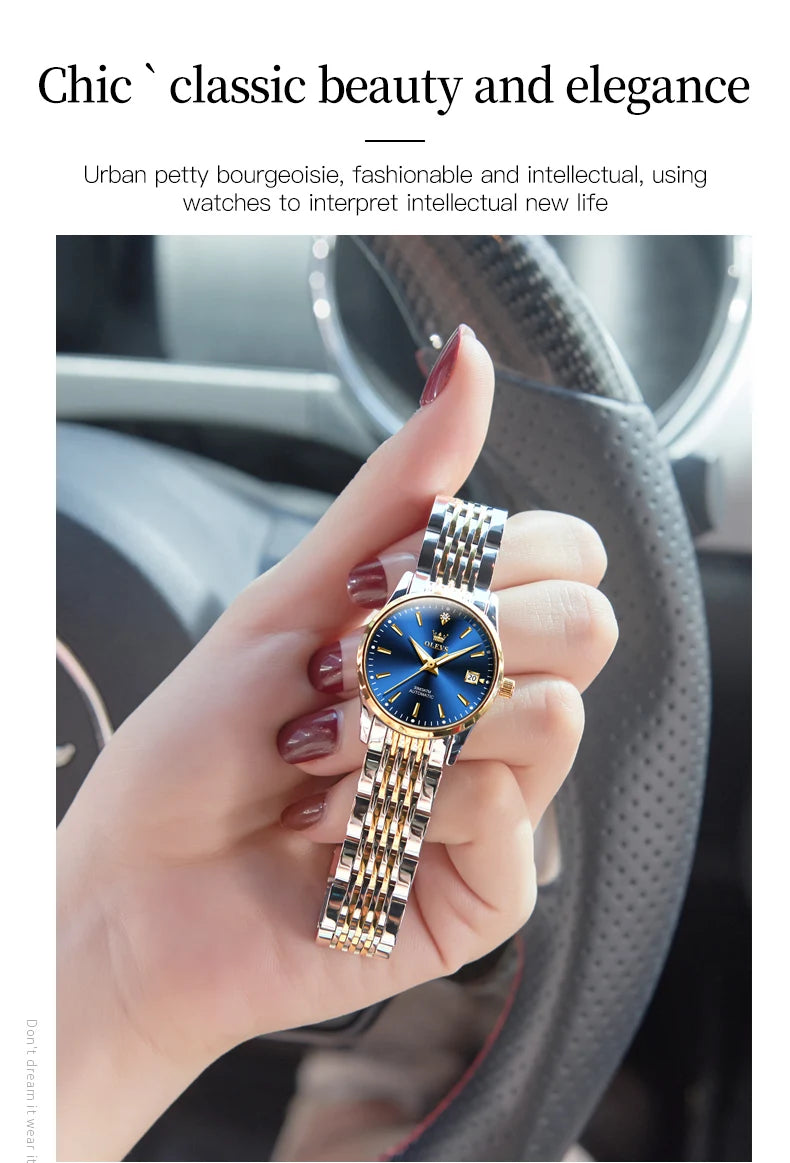 OLEVS 6635 Luxury Brand Ladies Watch Automatic Mechanical Wristwatch Waterproof Stainless Steel Watch For Women Chronograph Date