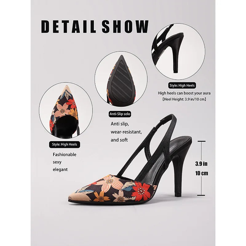 Women's Floral Print Ankle Strap Pointed Toe Stiletto Heel Pumps for Party Date Q-040