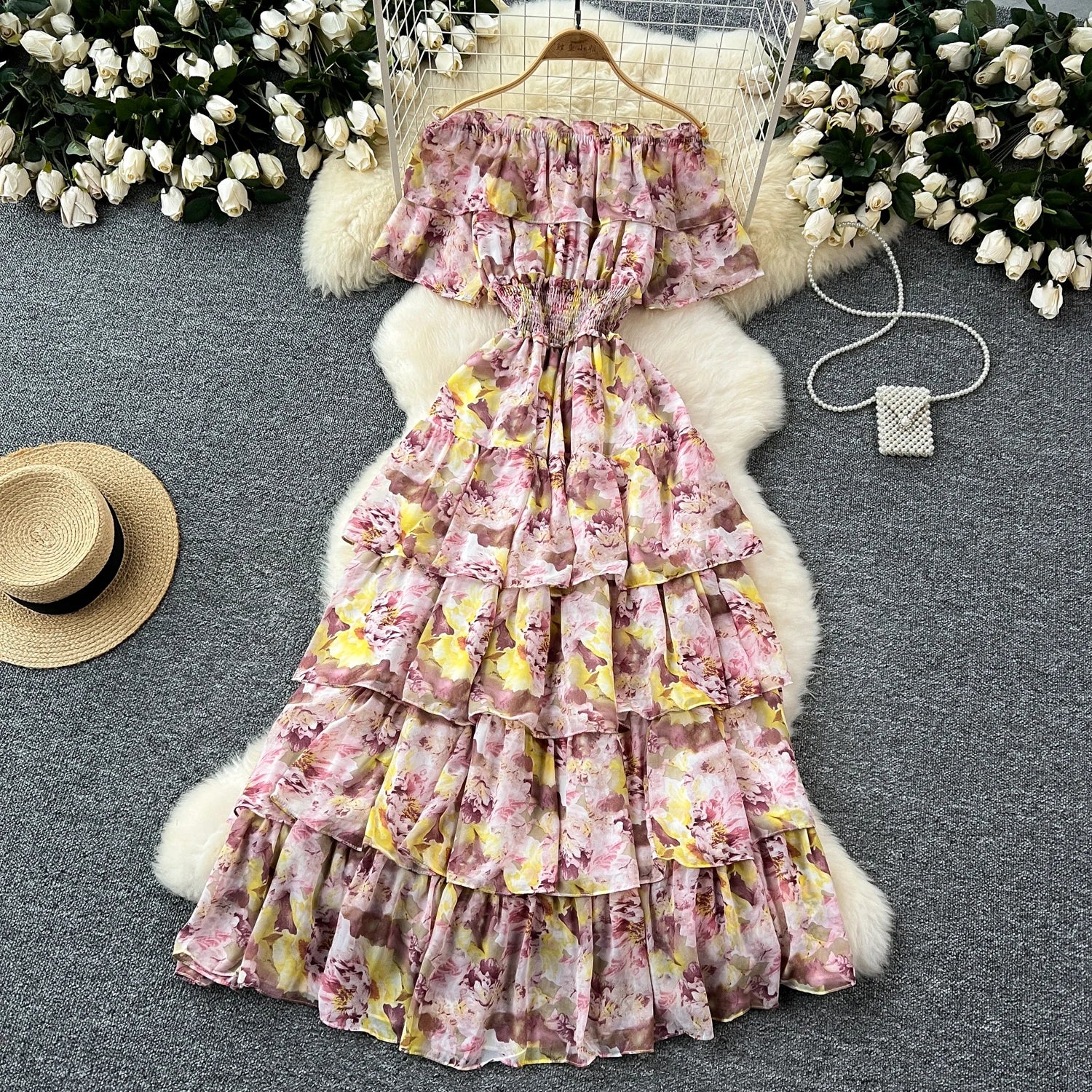 French Vintage Off Shoulder Short Sleeve Ruffle Tiered Long Dresses Chic Casual Beach Vacation Women Summer Chiffon Clothing