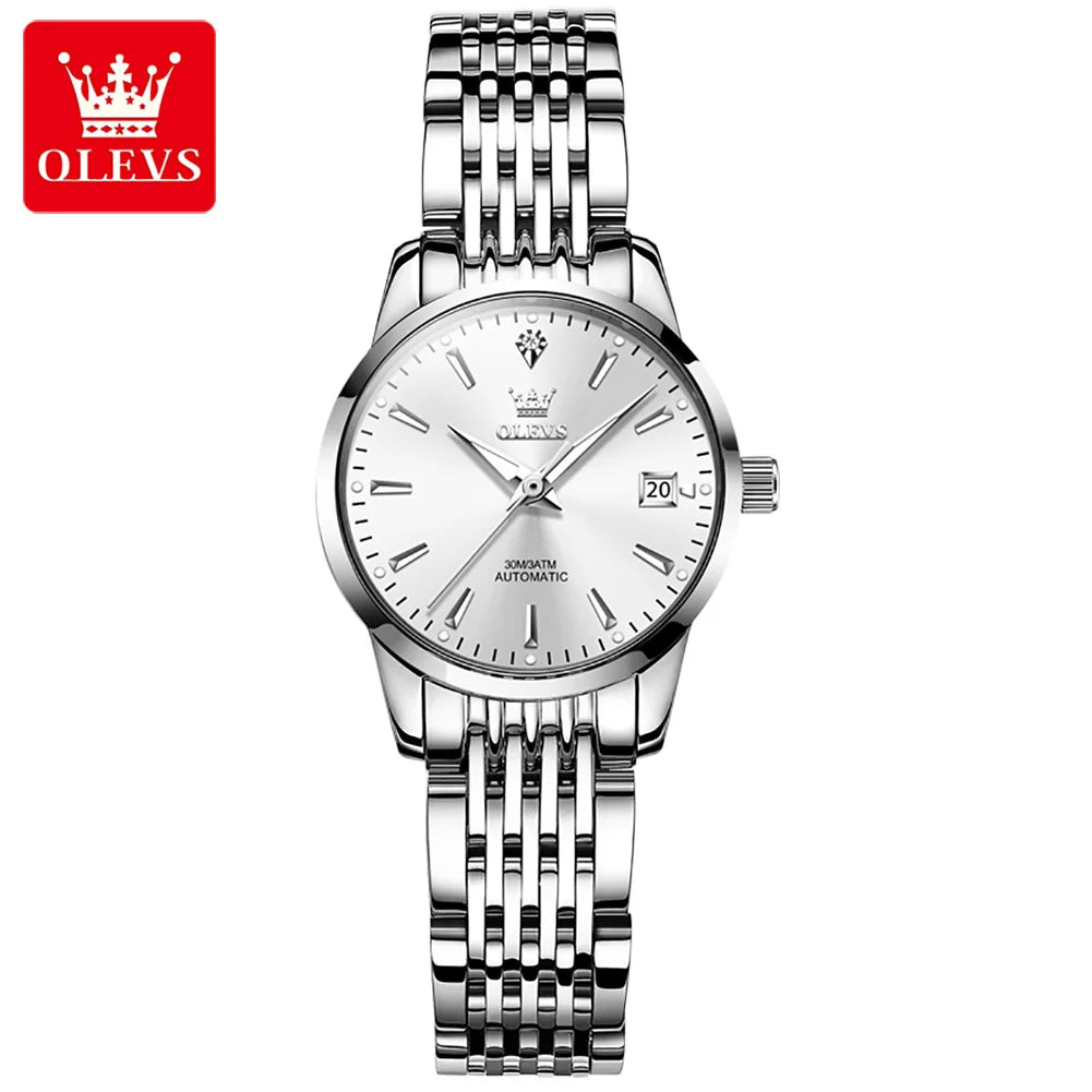 OLEVS 6635 Luxury Brand Ladies Watch Automatic Mechanical Wristwatch Waterproof Stainless Steel Watch For Women Chronograph Date