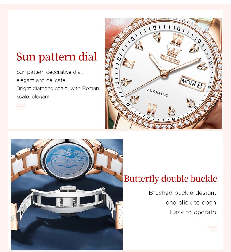 OLEVS Fashion Women Mechanical Watches Luxury Diamond Ceramic Strap Waterproof Luminous Week Calendar Automatic Watch For Women