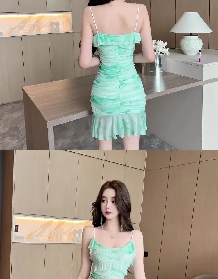 Summer French Pure Sexy Mesh Printed Suspender Dress Waist Pleated Bag