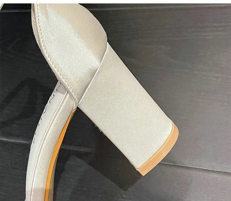 2025 New Style Thick Heel Line With Round Head Large Size Sandals Pearl Buckle High Heel White Bridal Wedding Shoes For Female