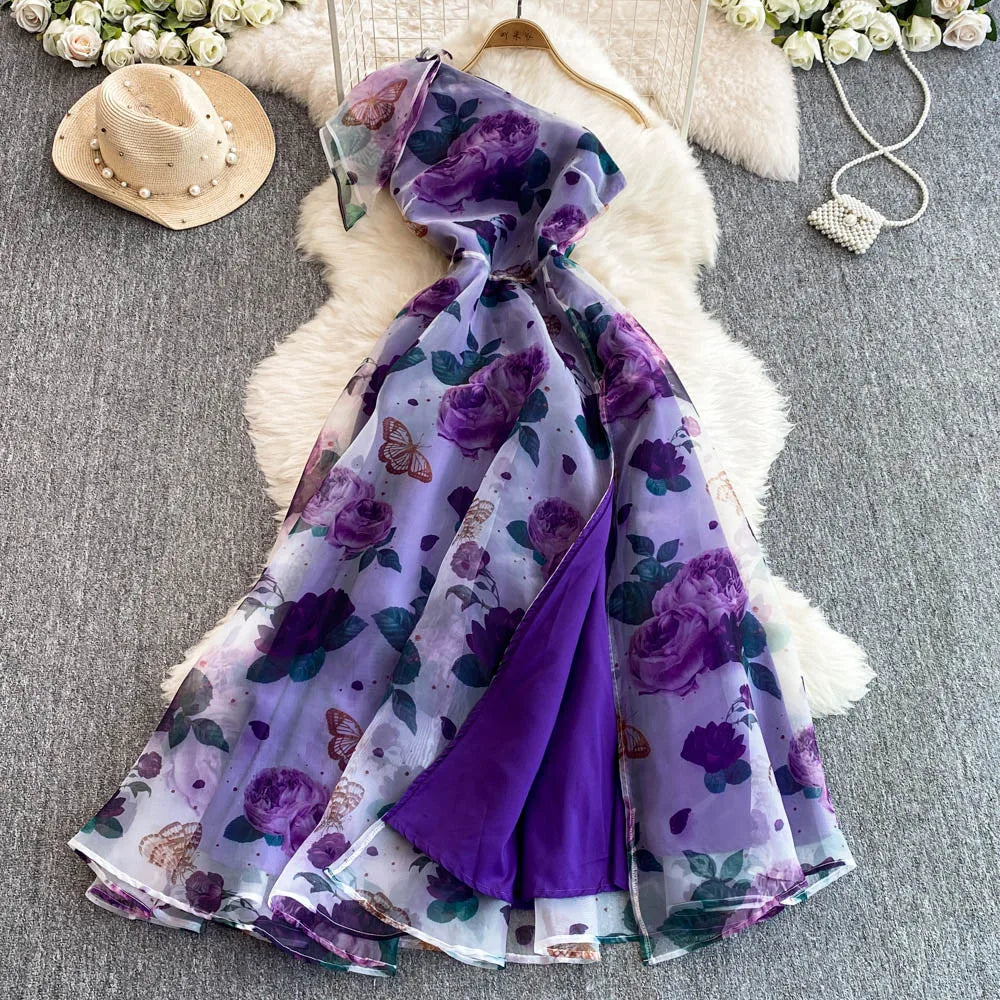 American Chic Maxi Dress for Women Floral Printed Skew Collar Sleeveless Female Dresses A-line Evening Club Vestidos Dropship