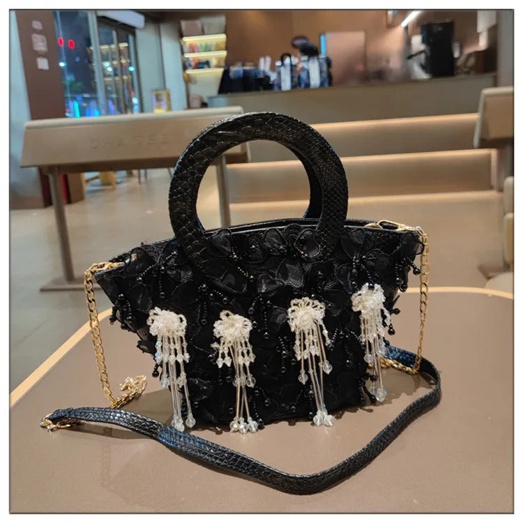 Tassel Flower Ita Bag Women New Shoulder Crossbody Sac A Main Lace Women's Bag Bucket Female Leather Handbag