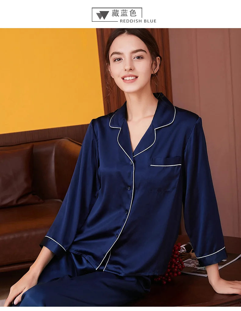 100% Mulberry Silk Pajamas Women Summer Winter Spring Long-sleeved Two-piece Couple Home Service Silk Pajamas For Lady