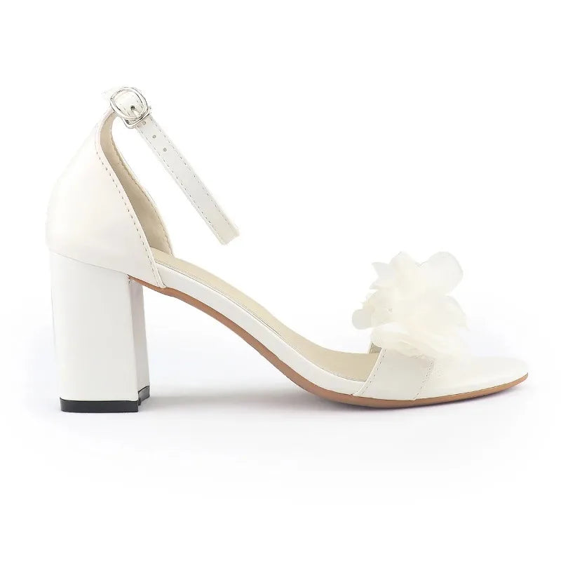 White Women Heels Flower Sandals Summer Wedding Shoes Bride Shoes Black Thick Heels Party Shoes Fashion Open Toe Women Pumps