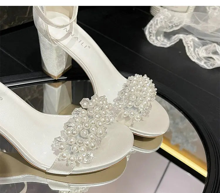 2025 New Style Thick Heel Line With Round Head Large Size Sandals Pearl Buckle High Heel White Bridal Wedding Shoes For Female