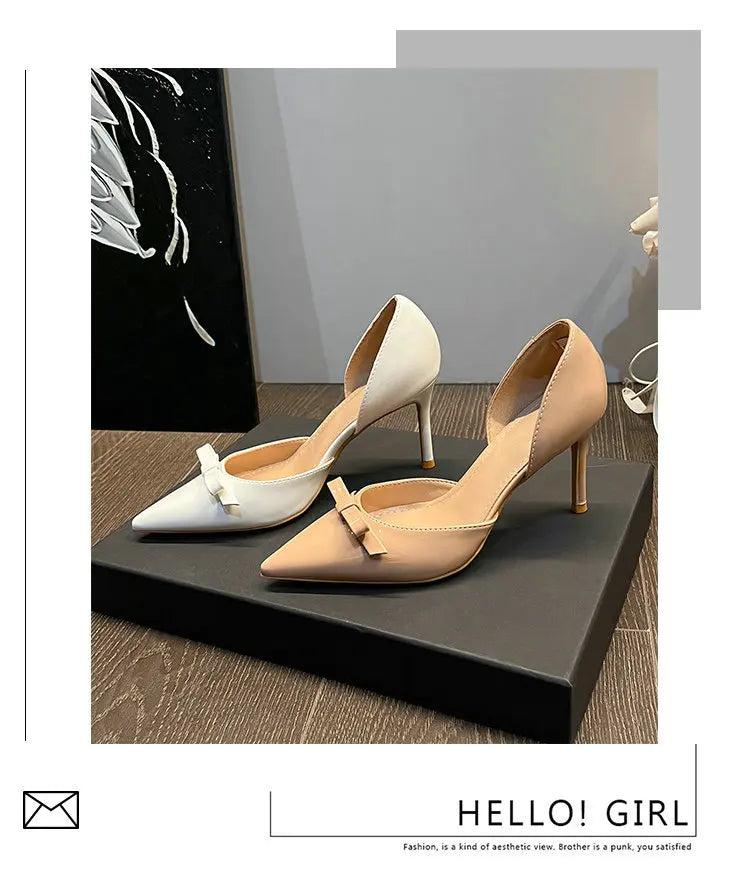 New Autumn Patent Leather Nude High Heels Thin Heel Pointed Bow Korean Version Summer Senior Feeling Hollow Female Pumps