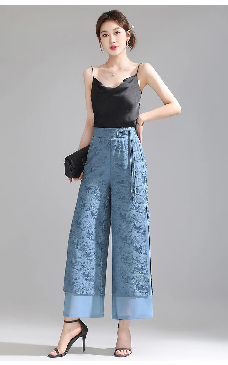 Chiffon Wide Wide Trousers Female Elegant Vintage New Pants Summer Thin Split Loose Skirt Pants Women Black Green