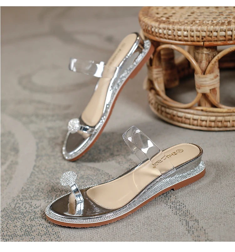 Rhinestone Fashion Sandals 2024 New Wedge Silver Sexy Women Summer Sandals Transparent Slippers