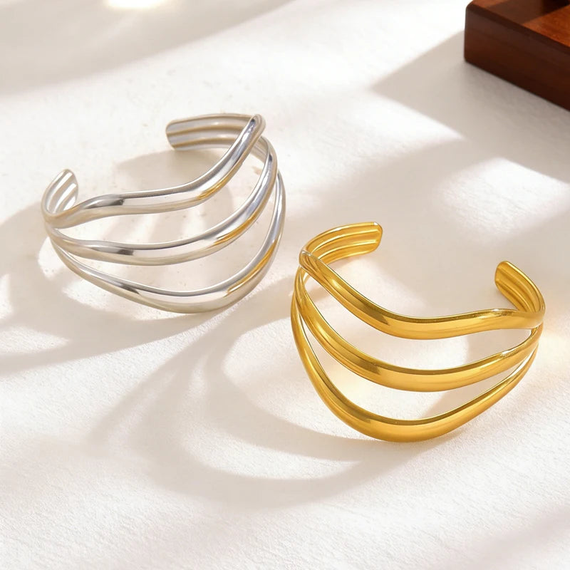 Stainless Steel Multi-Layer Wave Open Bracelet Rings Set for Women Simple Metal Twisted Lines Hand Chain Fashion Banquet Jewelry