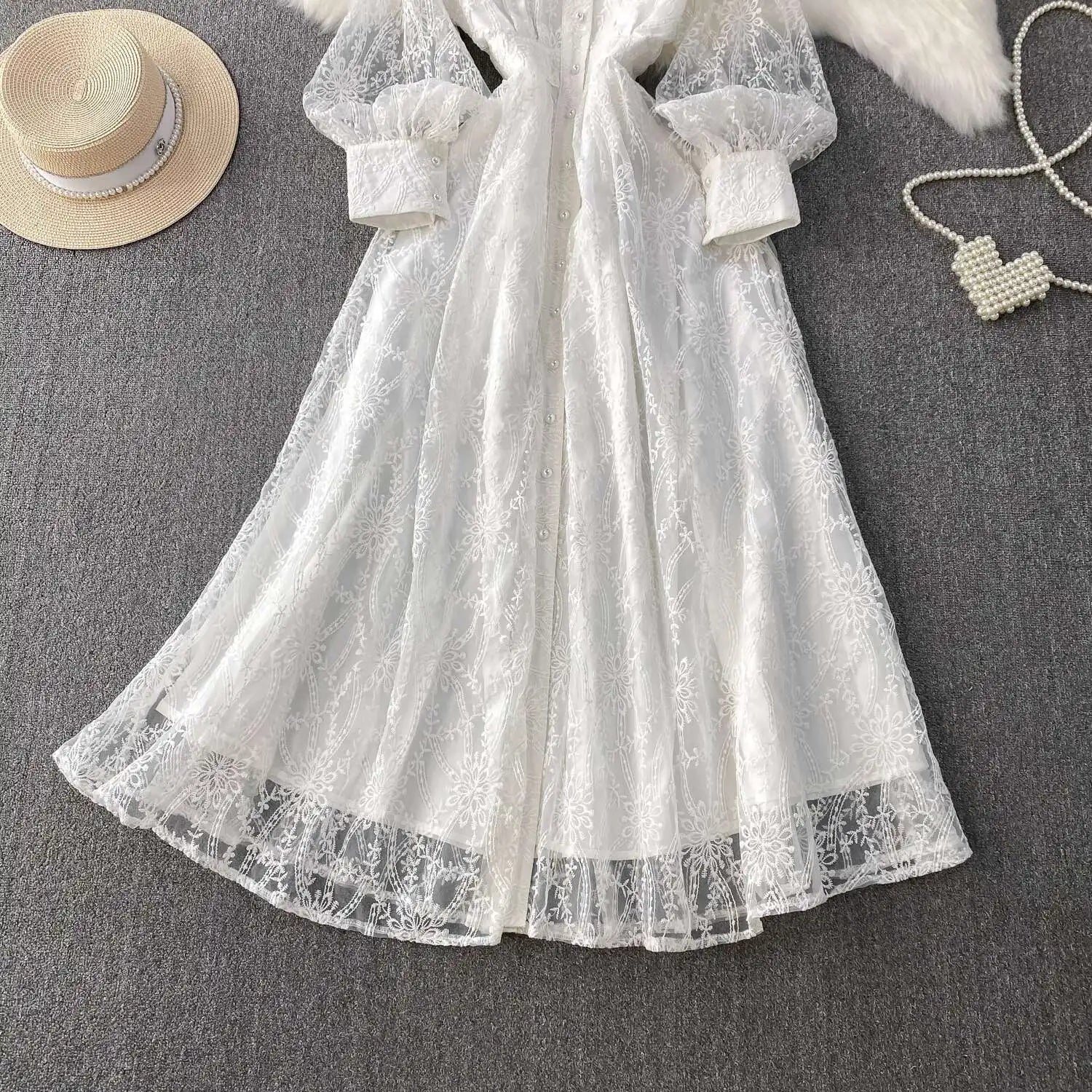 Autumn Embroidery Formal Evening Luxury Dress For Women Long Sleeve Crochet Lace Summer Dresses Single Breasted Party Vestidos