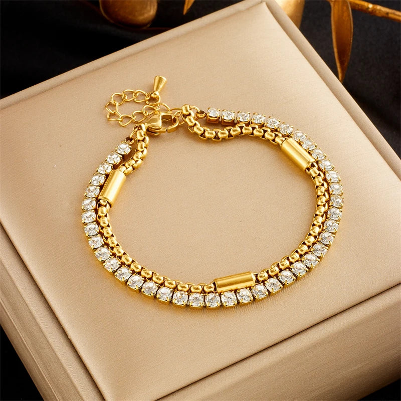 DIEYURO 316L Stainless Steel White Sparkling Zircon 2in1 Chains Bracelet For Women Fashion Girls Wrist Jewelry Gifts Pulsera