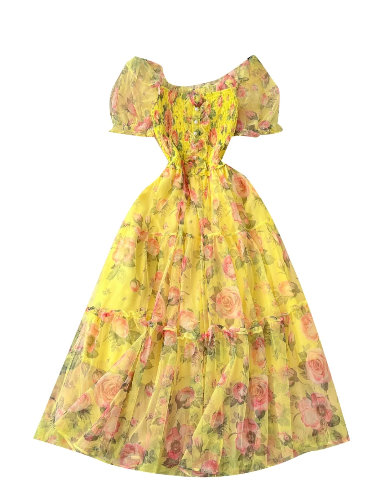 Retro Floral Chiffon Dr Women's Waist Cinched One oulder Bubble Sve Me Skirt Commute Korean Sle High Waist A-Line...