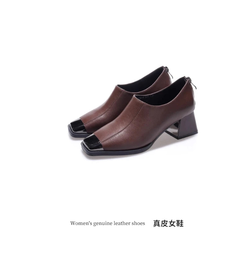 Deep mouth single shoe women's thick heel genuine leather middle heel women's soft leather soft sole square toe leather shoes