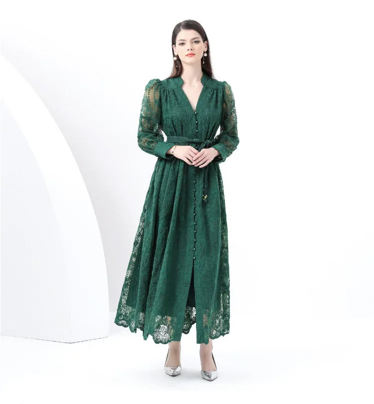 Luxury High-end Women Clothing Dress Spring Fitted Waist Embroidery V-neck Bell Sleeves Long Sleeves Single-breasted Long Dress