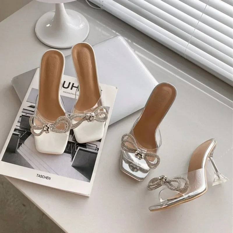 Summer New Style Luxury Fashion Sexy Comfortable Banquet Casual Rhinestone Elegant High Heels Bow Women's Slippers Zapatos Mujer