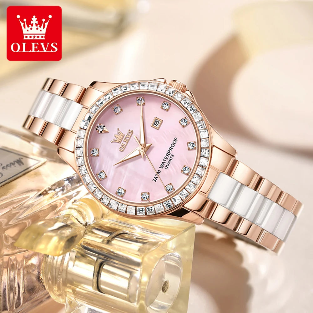 OLEVS New Luxury Ceramic Strap Quartz Watch Women Elegant Diamond Bezel Ladies Wristwatch Waterproof Date Watches Womens Reloj