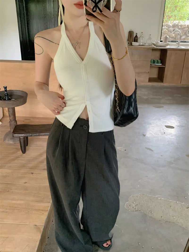 Sexy Spicy Girl Pure Color Design V-Ne Hanging Ne Vest Women's Summer Slim ort Matched with Chest Pad Top