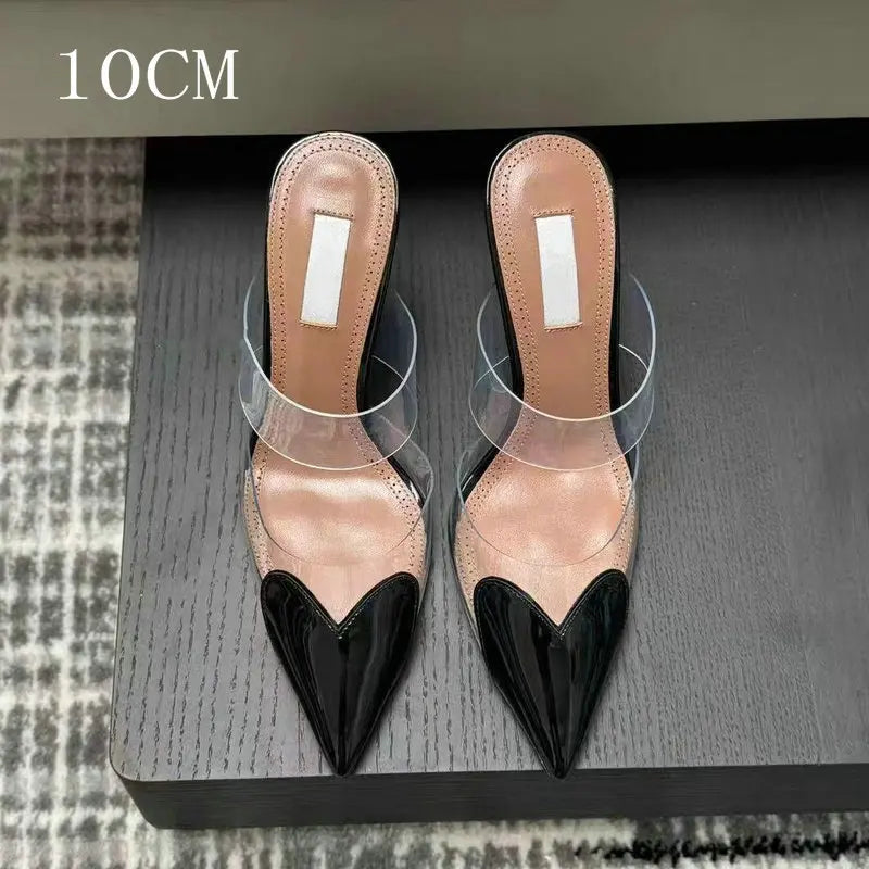 2025 Colorful Heart-Shaped Transparent Sexy Patchwork Color Sandals Women'S Half-Toe Pointed Toe Slippers 6cm/8cm/10cm